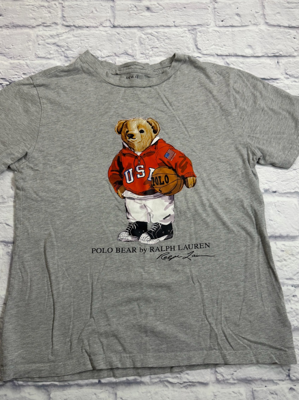 Ralph Lauren Polo Bear Graphic Tee - Gray with Red Accent. Boys Size 14/16 Large